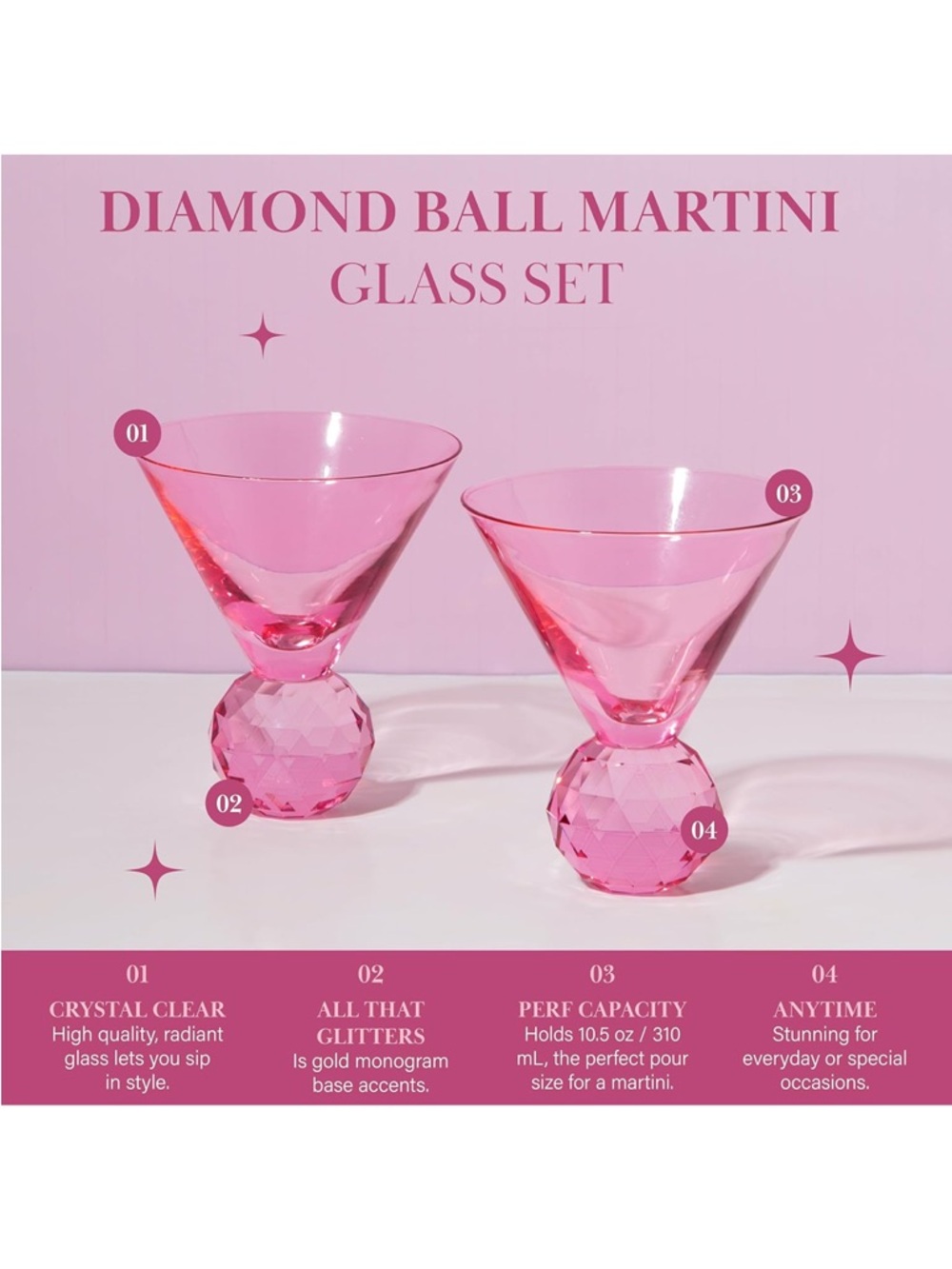 Paris Hilton Pink Faceted-Ball Base Martini Glasses - Set of 2 New in Box NIB - Picture 5 of 6